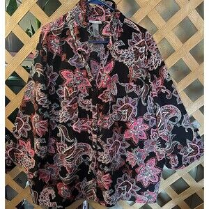 CATHERINES Paisley print Art to wear Bohemian Roll Sleeve Black Tunic 3X 26/28